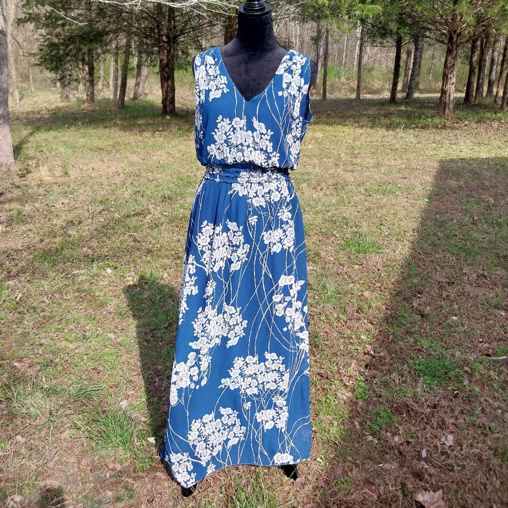 Blue Floral Maxi Dress with White Blossom Print